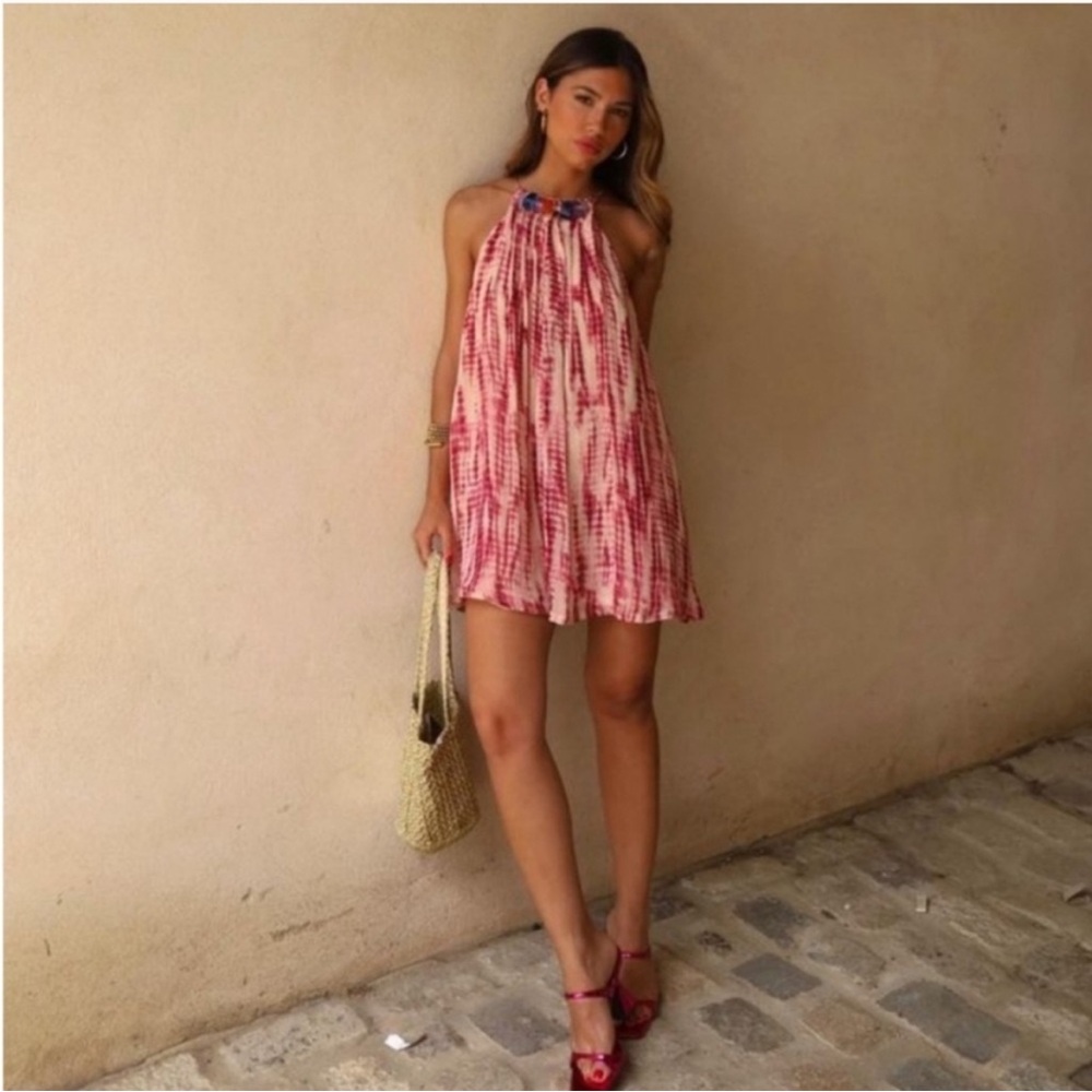 Zara Pink Tie Dye Bead Stones Mini Dress - Picture 7 of 7